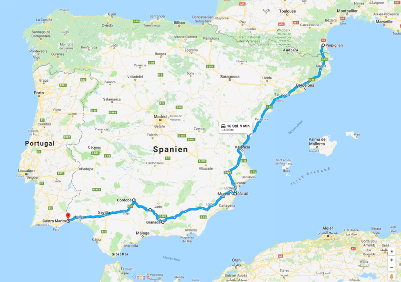 Spanien 1989 Teil 1, Karte erzeugt mit Hilfe von Google Maps